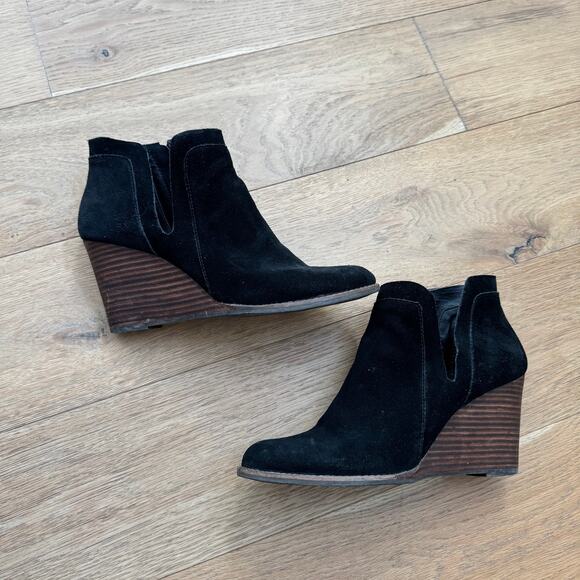 Lucky Brand Yabba Black Suede Wedge Ankle Booties Sz 9 - Picture 8 of 9